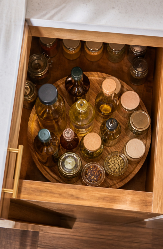 12 Apartment Kitchen Storage Ideas for Tight Spaces (2026) 12 A spinning turntable in a corner cabinet storing items.