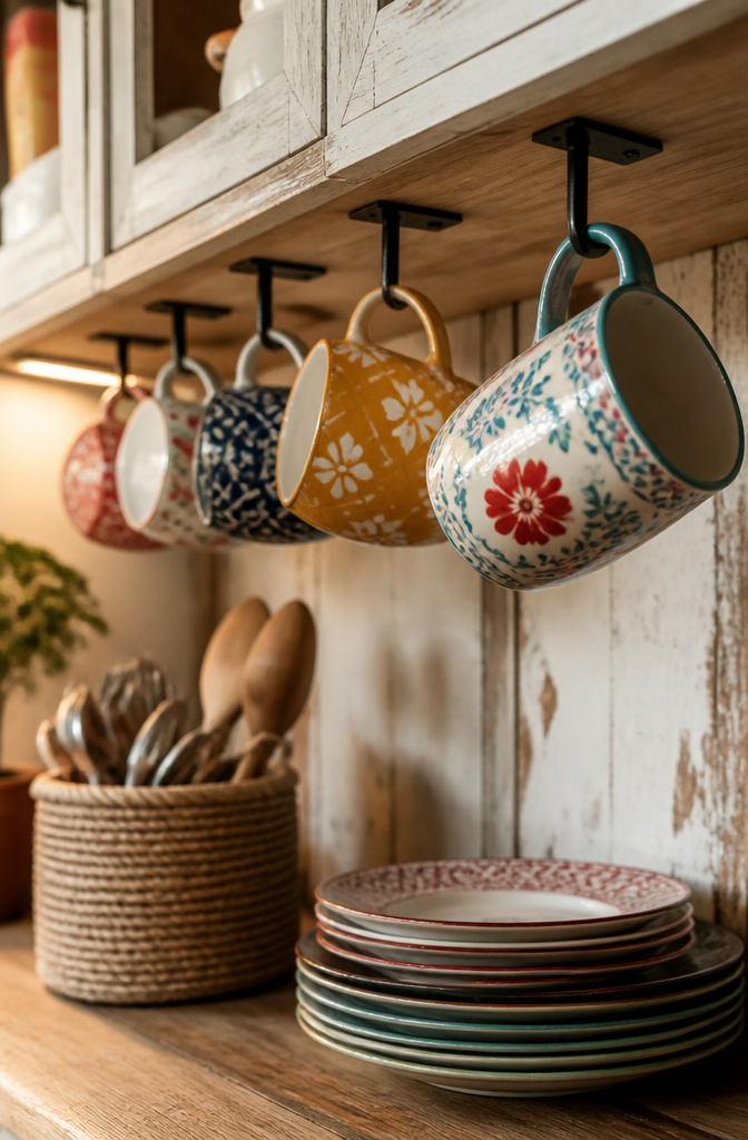 12 Apartment Kitchen Storage Ideas for Tight Spaces (2026) 2 Mugs hanging from under-shelf hooks in a cabinet.