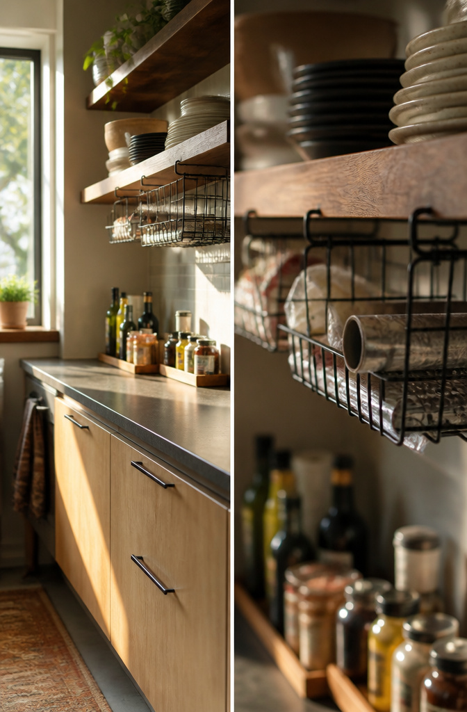 12 Apartment Kitchen Storage Ideas for Tight Spaces (2026) 5 Wire baskets clipped under a shelf holding various kitchen items.