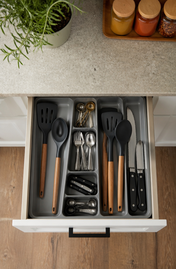 12 Apartment Kitchen Storage Ideas for Tight Spaces (2026) 7 A spring-loaded utensil organizer in a kitchen drawer.