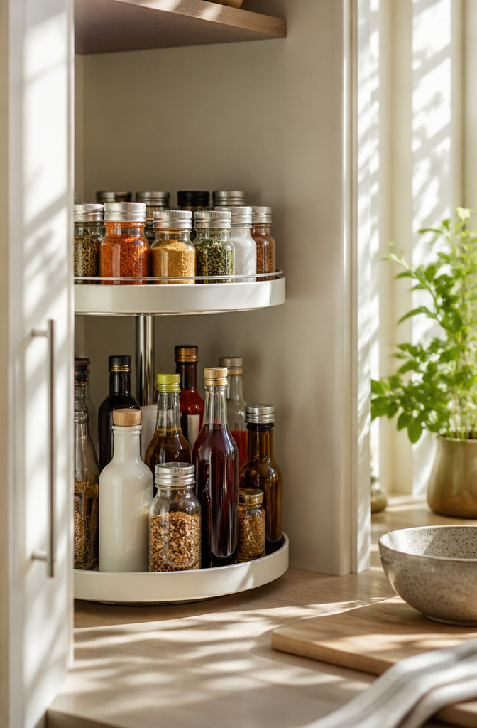 12 Apartment Kitchen Storage Ideas for Tight Spaces (2026) 9 A two-tier turntable displaying condiments and spices in a pantry.