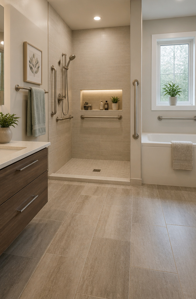 10 Bathroom with Bathtub Ideas for Every Style and Space 13 A bathroom with grab bars and a low threshold for easy access.