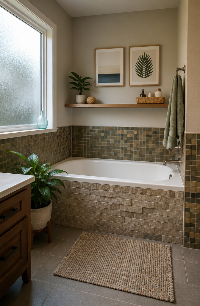 10 Bathroom with Bathtub Ideas for Every Style and Space 3 An alcove tub surrounded by textured stone and mosaic tiles in a bathroom.