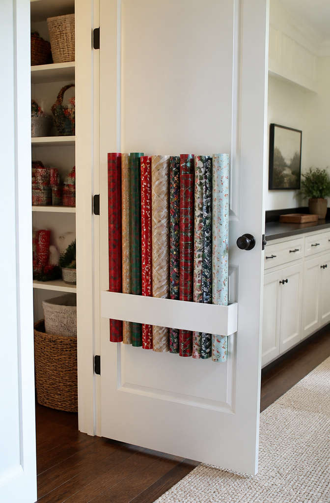 20 Clever Home Storage Ideas for Every Room in 2026 10 IKEA VARIERA bag holder storing rolls of wrapping paper on a door.