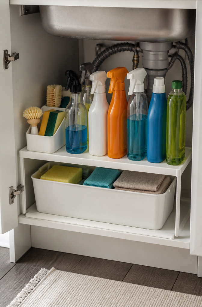 20 Clever Home Storage Ideas for Every Room in 2026 14 Cleaning supplies neatly arranged on a VARIERA shelf under a sink.