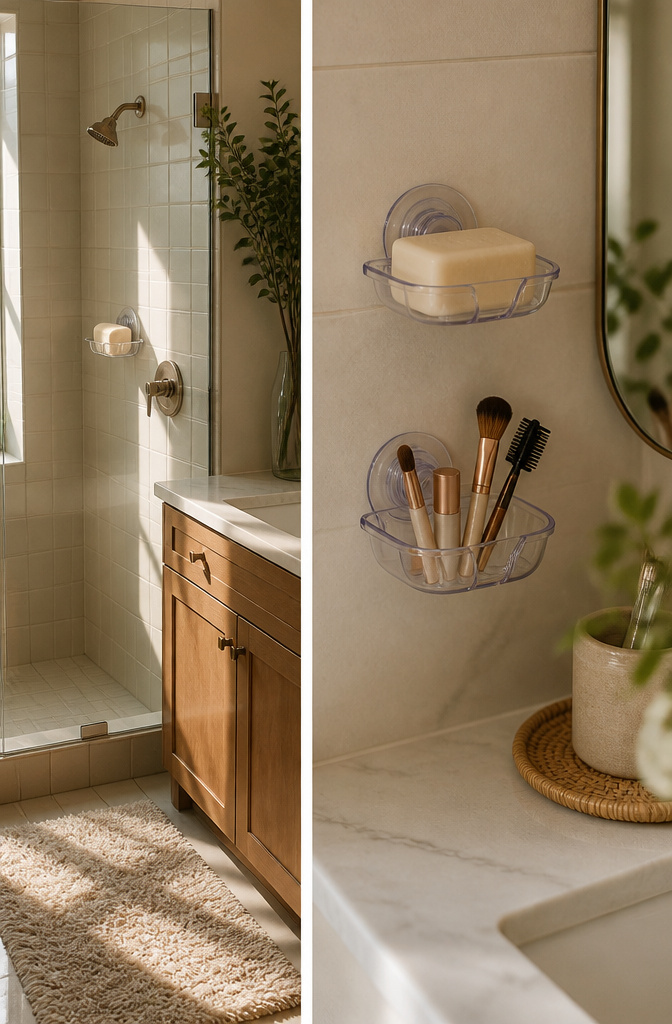 20 Clever Home Storage Ideas for Every Room in 2026 18 Plastic suction sponge holder mounted in a shower and on a vanity.