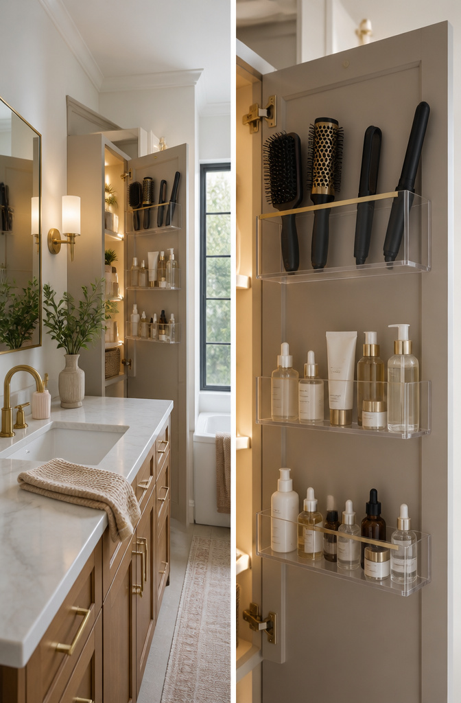 20 Clever Home Storage Ideas for Every Room in 2026 2 Shallow bins mounted on the back of a bathroom cabinet door.