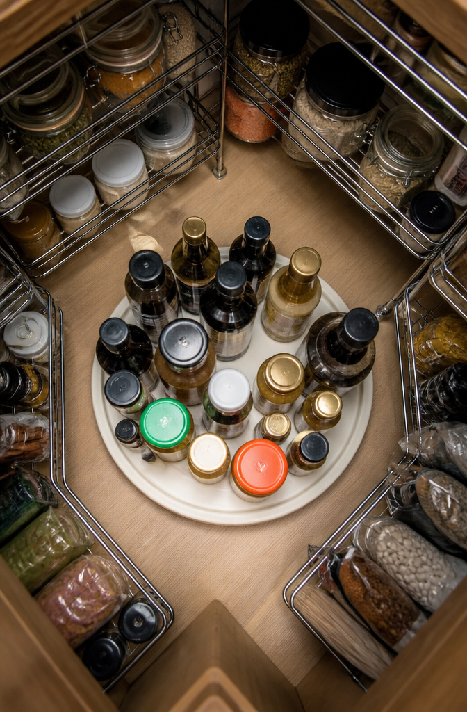 20 Clever Home Storage Ideas for Every Room in 2026 3 A lazy Susan with jars and bottles in a pantry corner.
