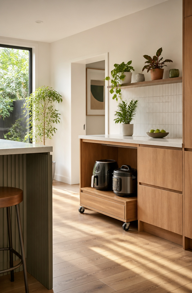 20 Clever Home Storage Ideas for Every Room in 2026 4 An Instant Pot on a rolling plant stand next to a kitchen counter.