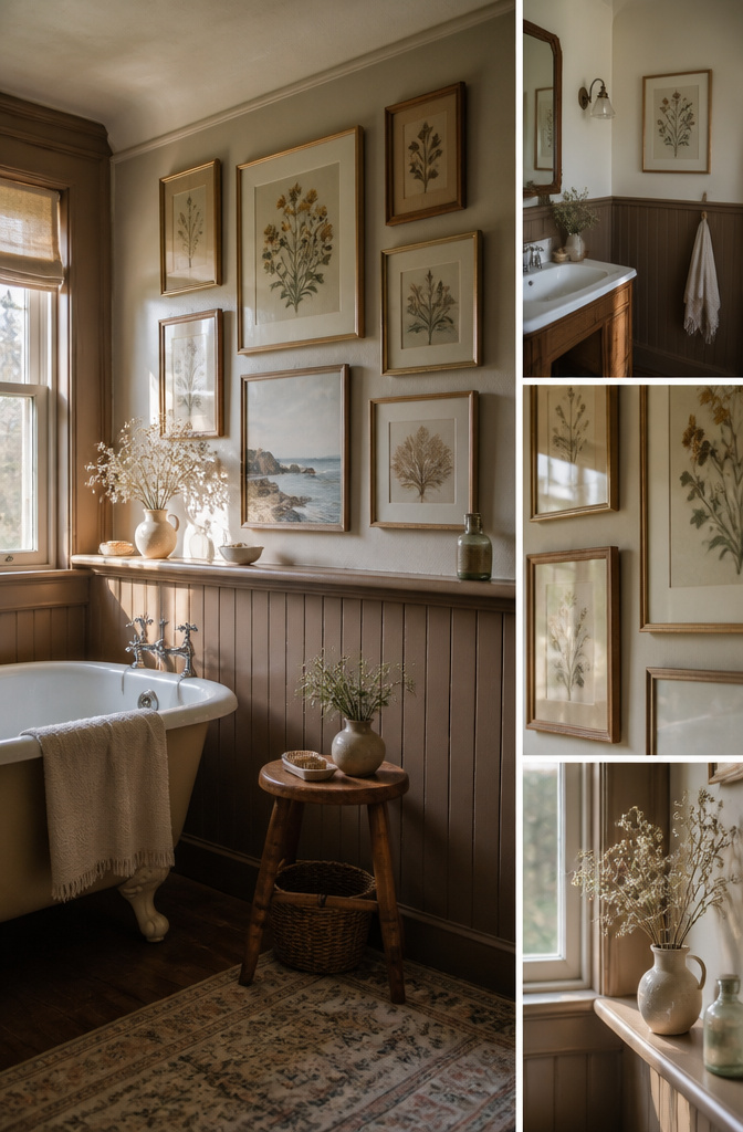 19 Cottage Bathroom Ideas to Inspire a 2026 Refresh 11 Framed art in a bathroom with protective sealing against steam.
