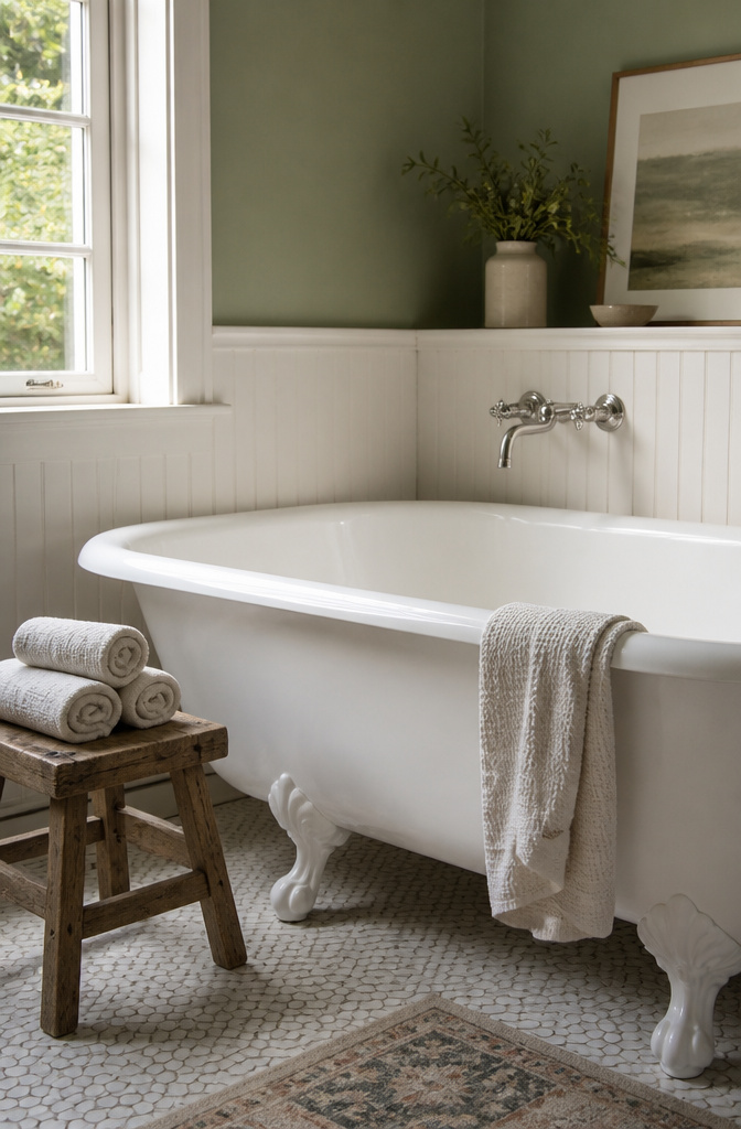 19 Cottage Bathroom Ideas to Inspire a 2026 Refresh 12 A roll-top bathtub positioned against a short wall in a small bathroom.