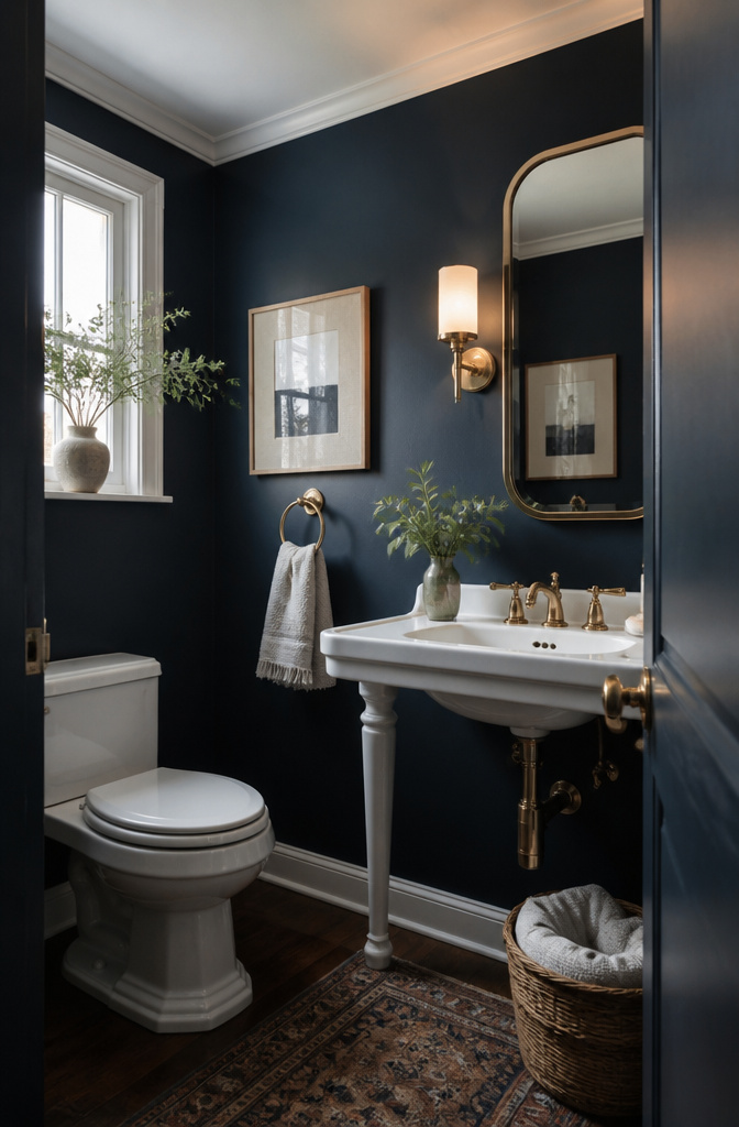 19 Cottage Bathroom Ideas to Inspire a 2026 Refresh 15 A small powder room with deep navy walls and vintage fixtures.