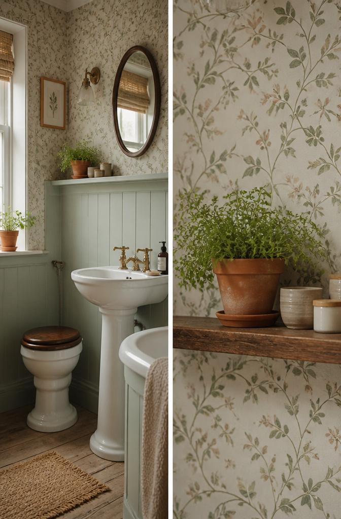 19 Cottage Bathroom Ideas to Inspire a 2026 Refresh 16 A bathroom adorned with botanical wallpaper in soft colors.