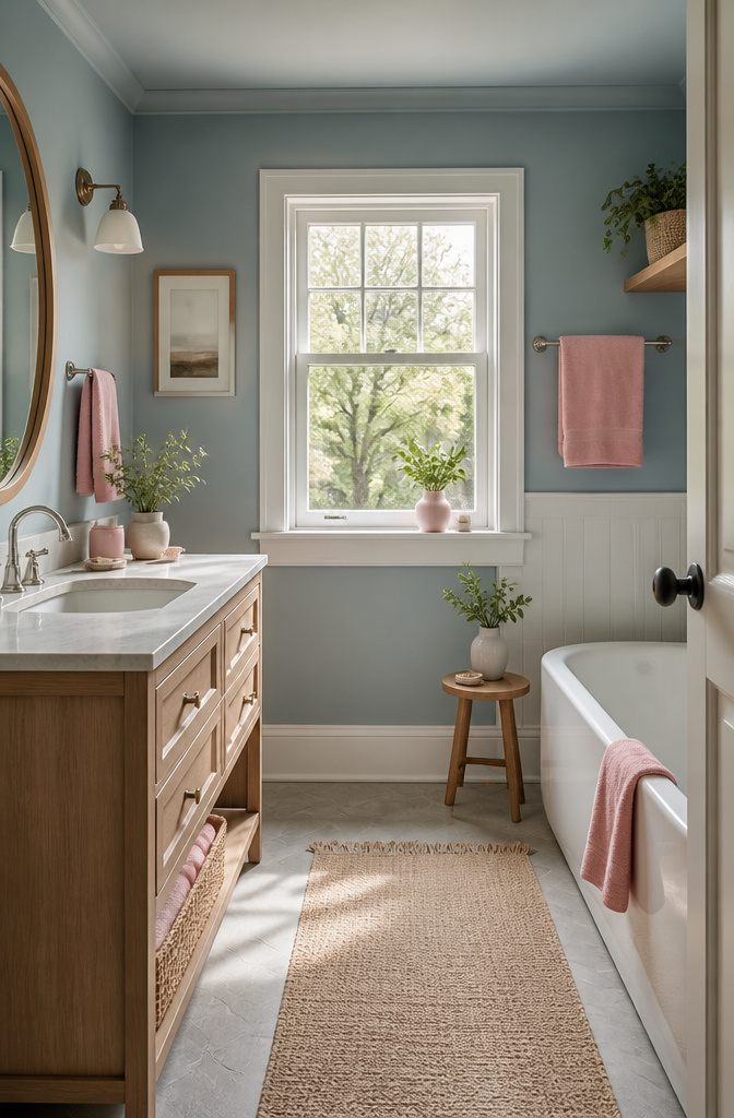 19 Cottage Bathroom Ideas to Inspire a 2026 Refresh 19 A bathroom painted in soft dusty blue with warm white accents.