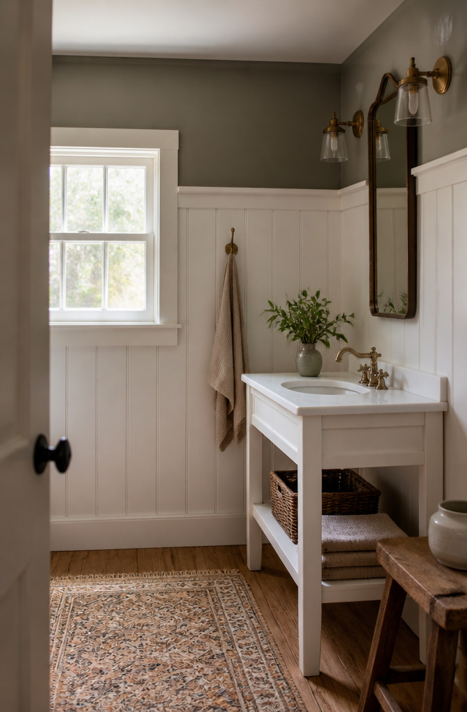 19 Cottage Bathroom Ideas to Inspire a 2026 Refresh 2 A cozy bathroom with beadboard paneling painted in soft white.