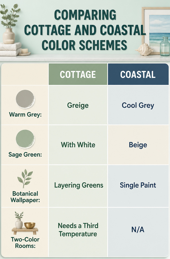 19 Cottage Bathroom Ideas to Inspire a 2026 Refresh 20 A comparison of cottage and coastal color schemes in a bathroom.