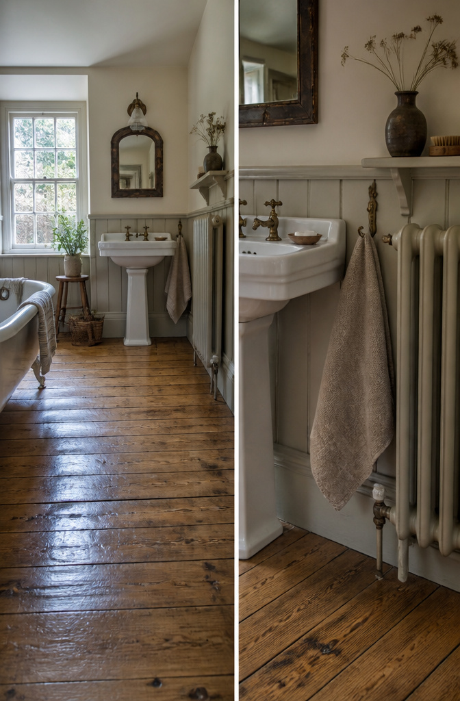 19 Cottage Bathroom Ideas to Inspire a 2026 Refresh 3 A bathroom with exposed floorboards showcasing original wood grain.