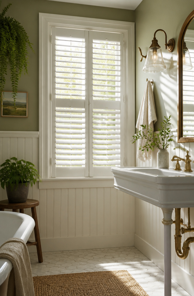 19 Cottage Bathroom Ideas to Inspire a 2026 Refresh 9 A bathroom with louvered vinyl shutters and soft green walls.