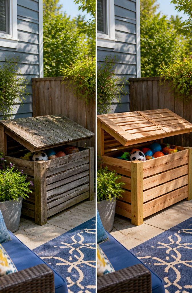 A wooden toy box with drainage gaps and a slanted lid.
