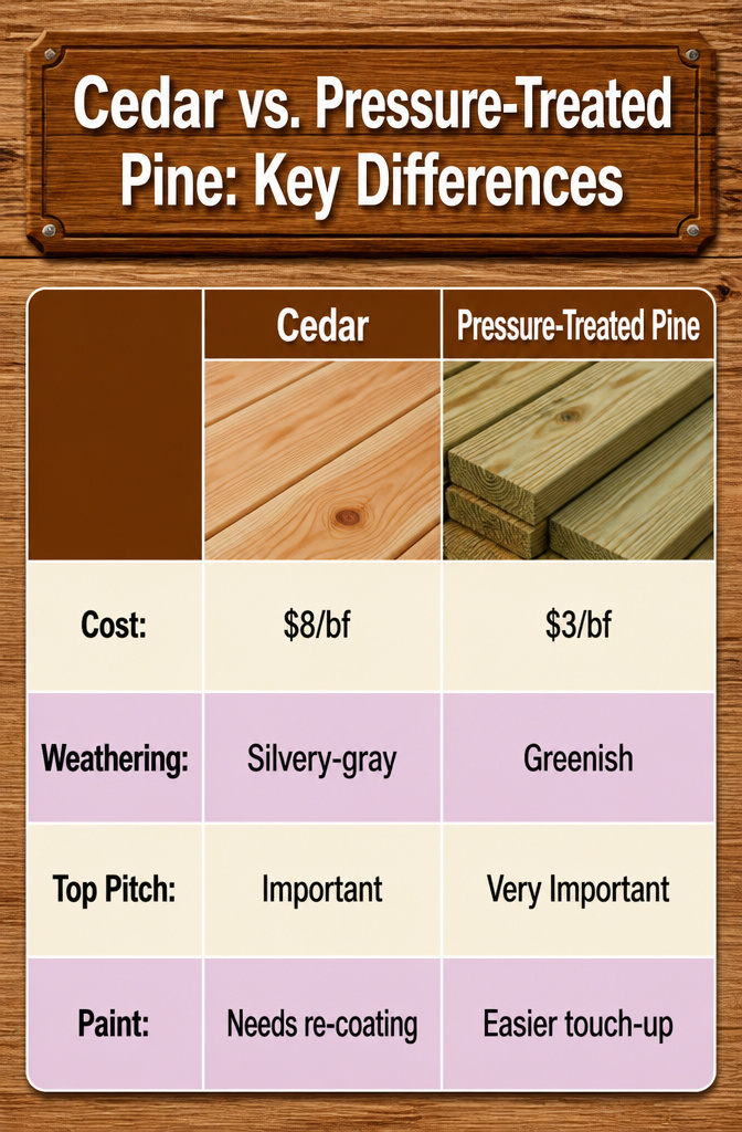 A comparison of cedar and pressure-treated pine for outdoor use.