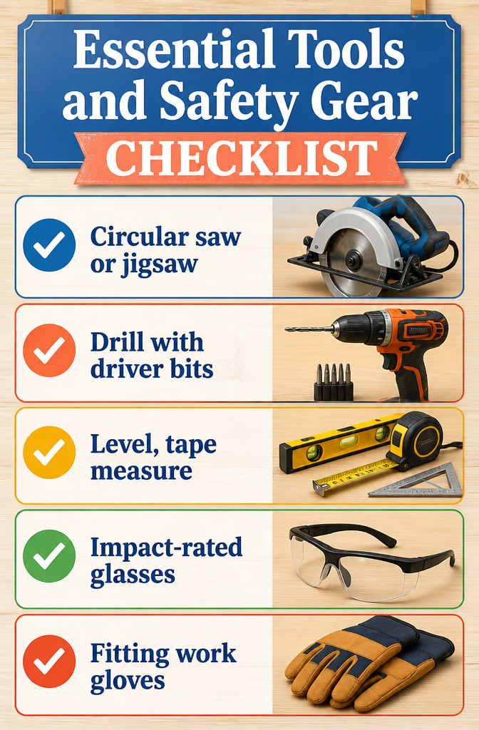 A collection of tools and safety gear for DIY projects.