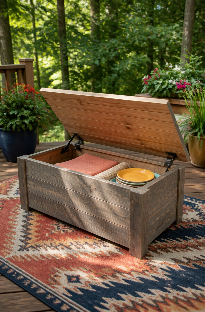 A coffee table with a raised lid showing storage space underneath.