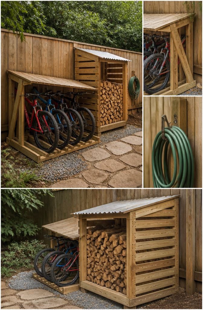 A bike rack and firewood storage area made from wood.