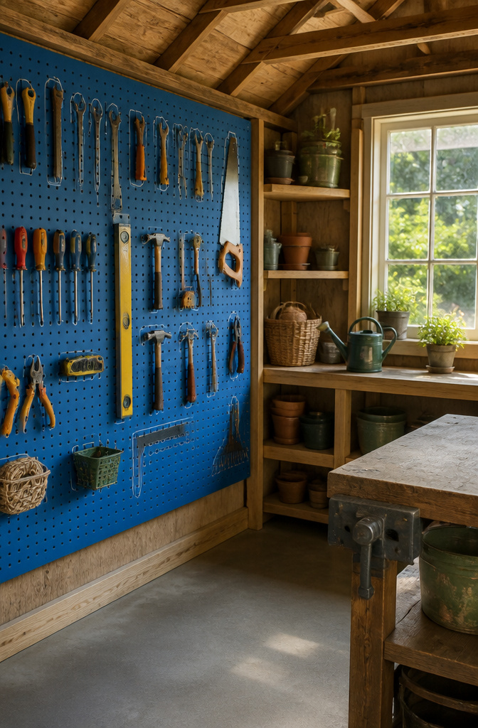 A pegboard displaying various tools with outlines for organization.