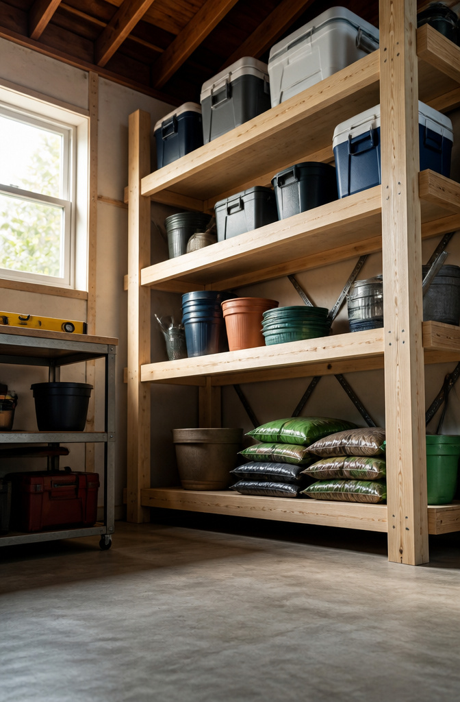 Sturdy wooden shelves holding heavy items in a storage area.