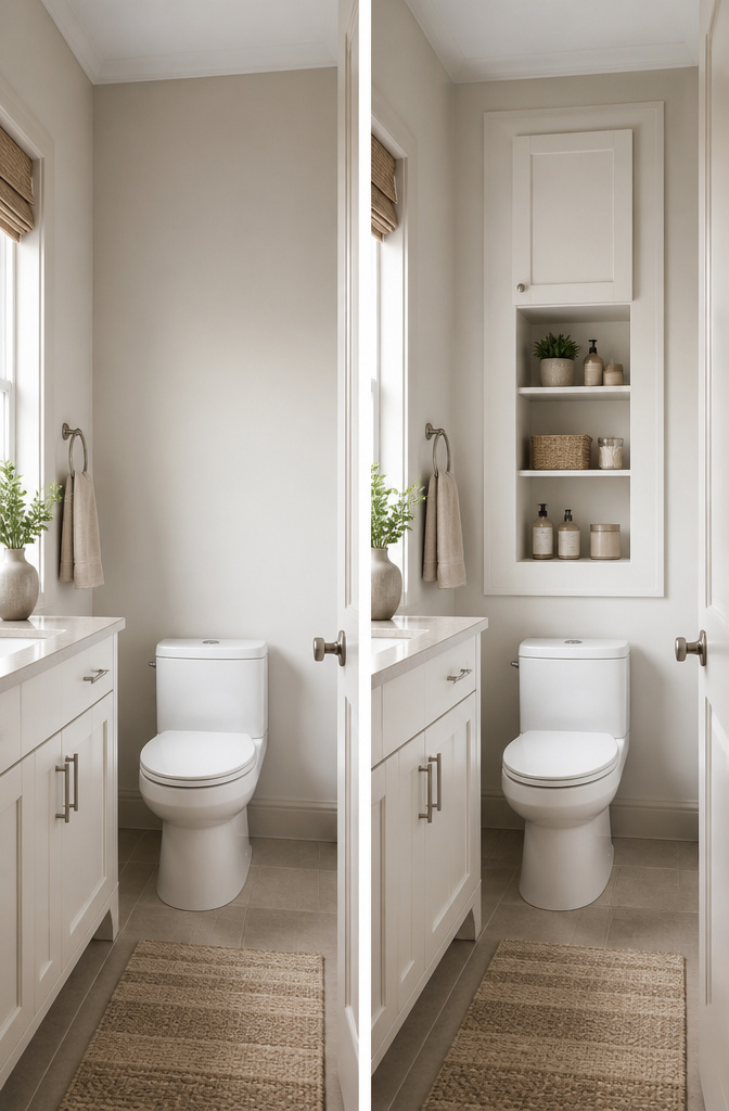 A narrow pull-out storage cabinet beside a toilet.