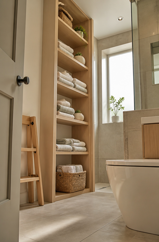Tall shelves installed in a small bathroom to use vertical space.