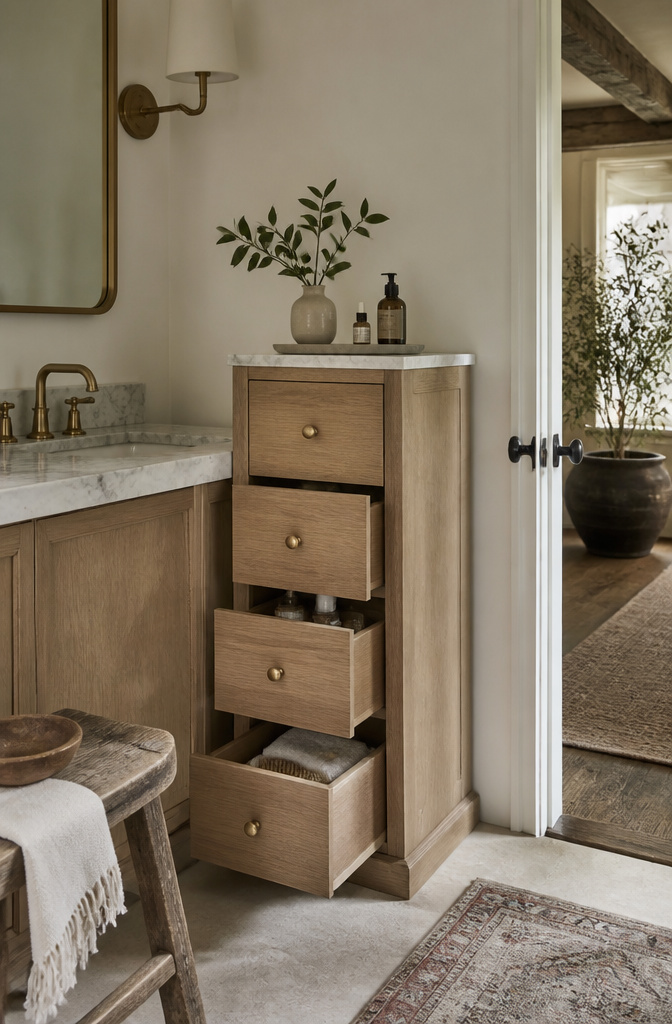 A compact bathroom vanity with a freestanding storage tower beside it.