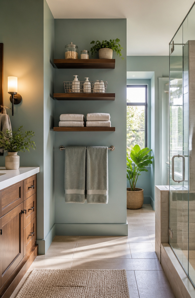 Wall-mounted open shelves holding towels and toiletries.