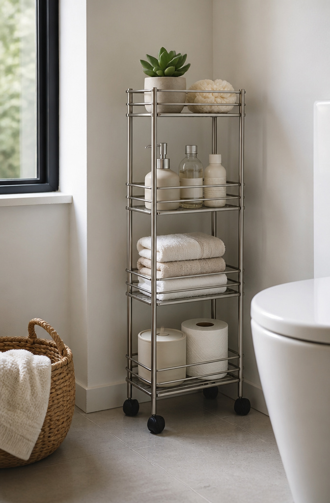 A metal cart on wheels positioned between a toilet and wall.