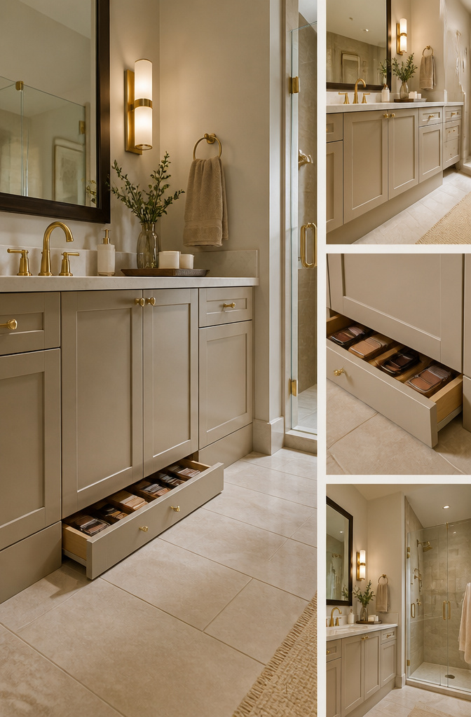 A toe-kick drawer that pulls out from under a bathroom vanity.