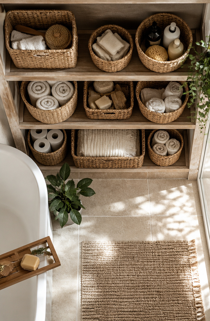 Woven baskets placed on open shelving in a bathroom.