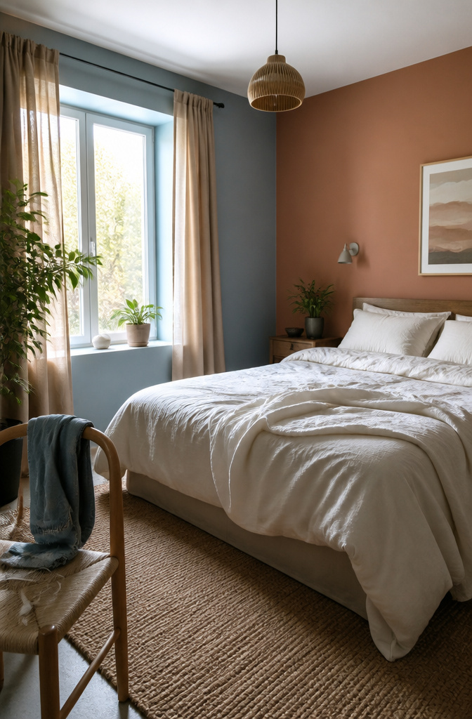 8 Functional Bedroom Ideas for Calm, Organized Spaces in 2026 1 A bedroom with soft terracotta and pale blue walls, and rumpled white linen.