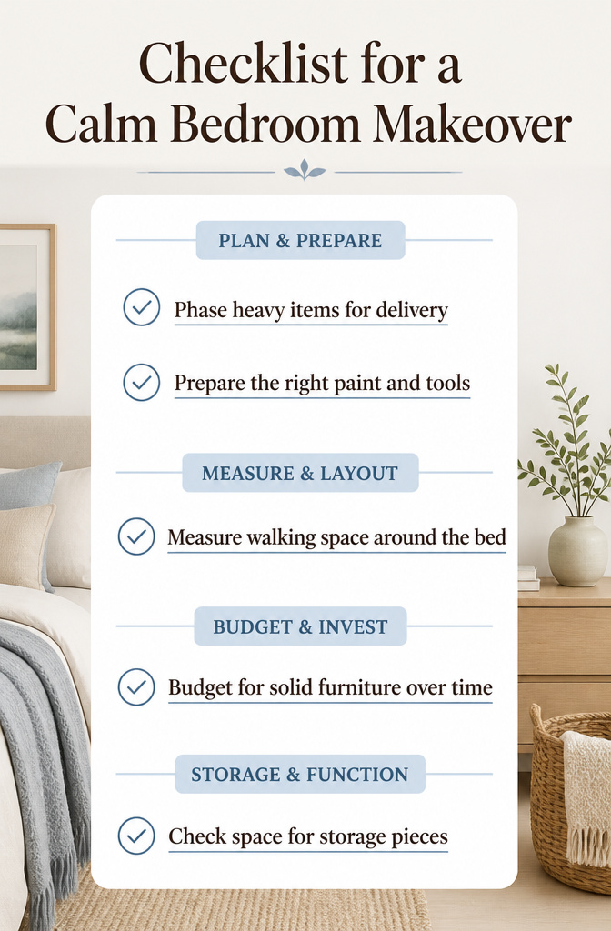 8 Functional Bedroom Ideas for Calm, Organized Spaces in 2026 12 A checklist for organizing a calm bedroom makeover.