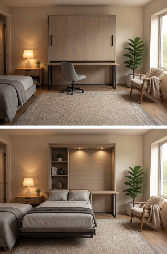 8 Functional Bedroom Ideas for Calm, Organized Spaces in 2026 2 A pop-up storage bed with a neatly made bed and a chair nearby.
