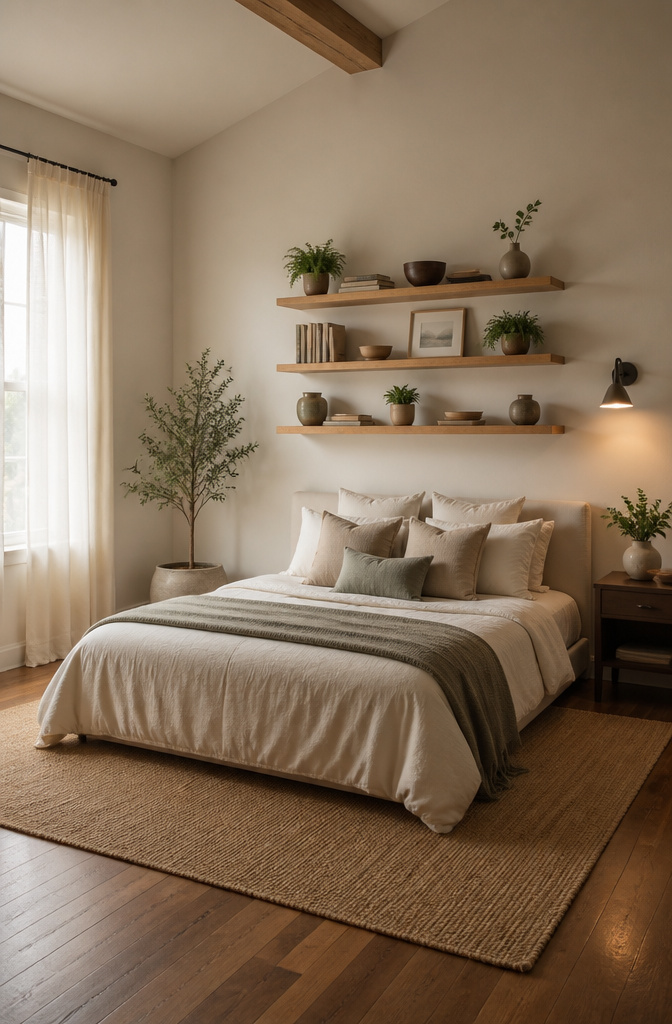8 Functional Bedroom Ideas for Calm, Organized Spaces in 2026 3 Floating shelves above a bed display books and decorative items.