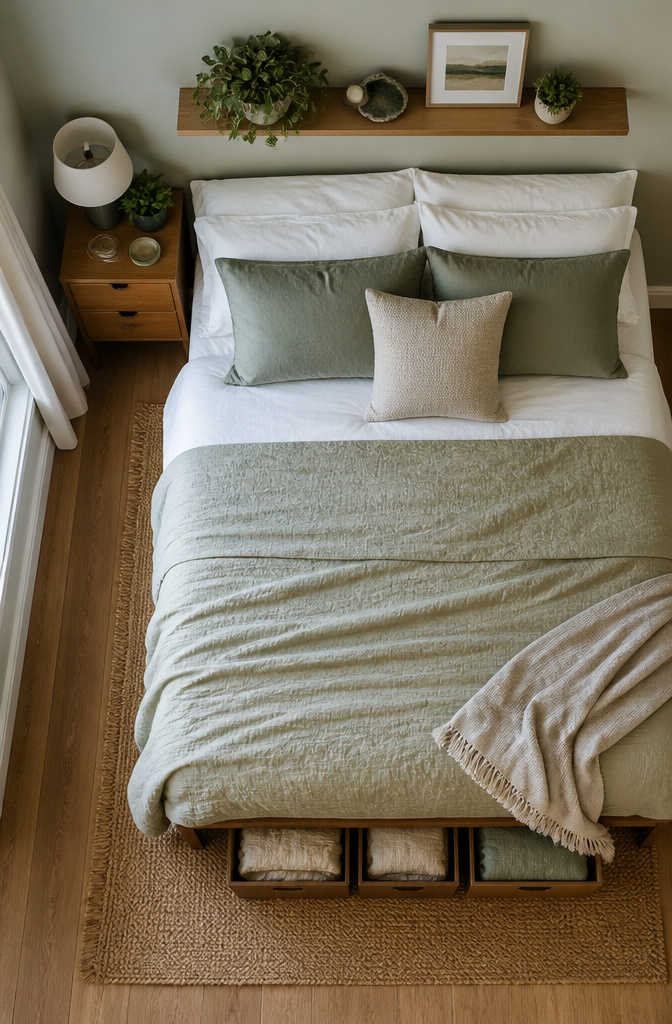 8 Functional Bedroom Ideas for Calm, Organized Spaces in 2026 7 A tidy bedroom with a nightstand and organized storage.