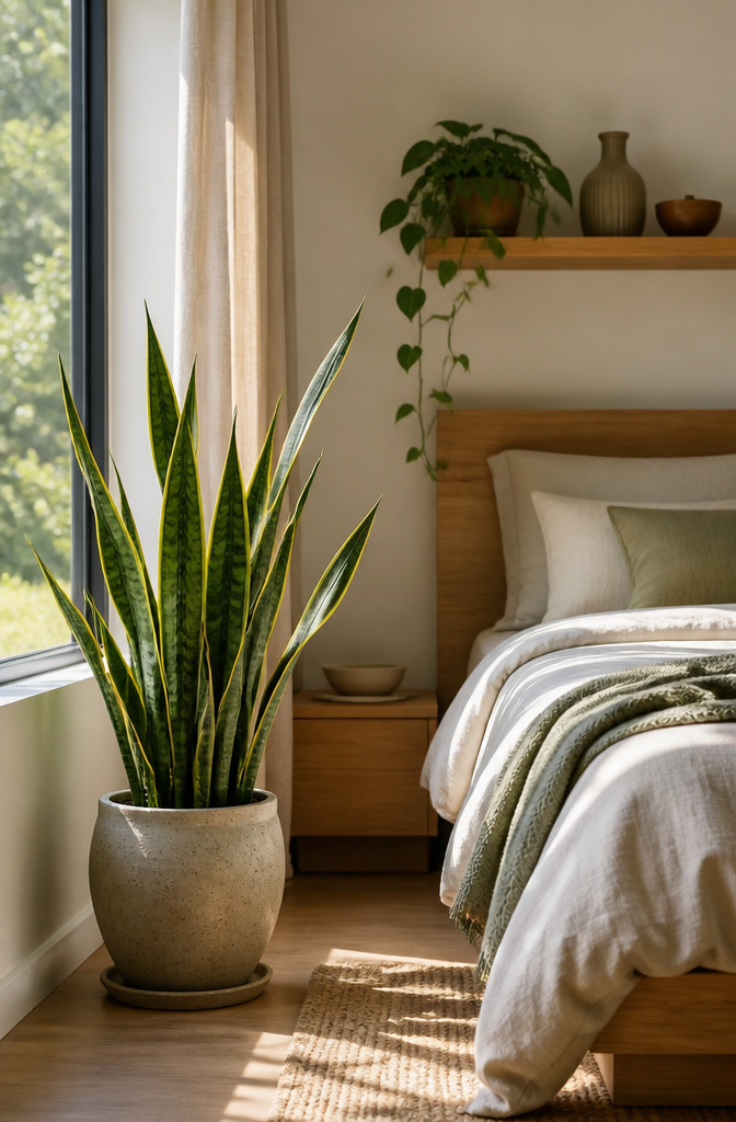 8 Functional Bedroom Ideas for Calm, Organized Spaces in 2026 8 A snake plant placed in a bedroom corner, thriving in low light.