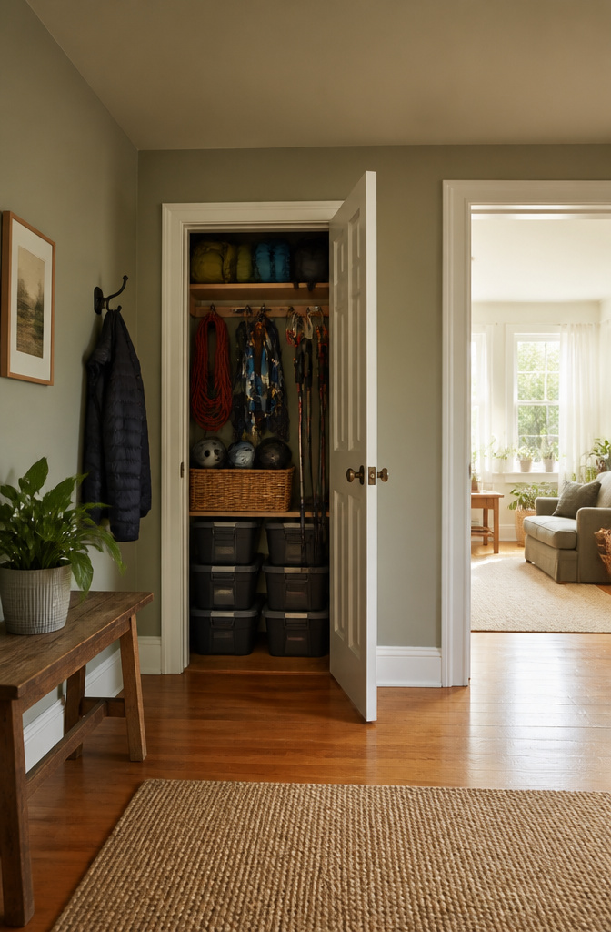 Closet with labeled zones for climbing gear and winter equipment.