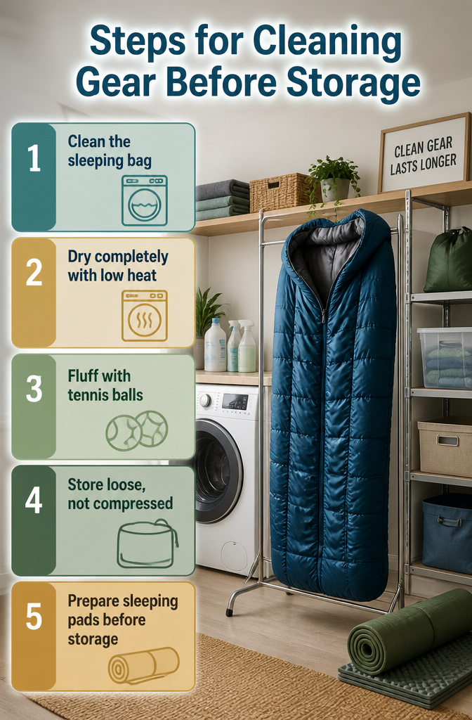 Steps for cleaning gear before storage displayed on a chart.