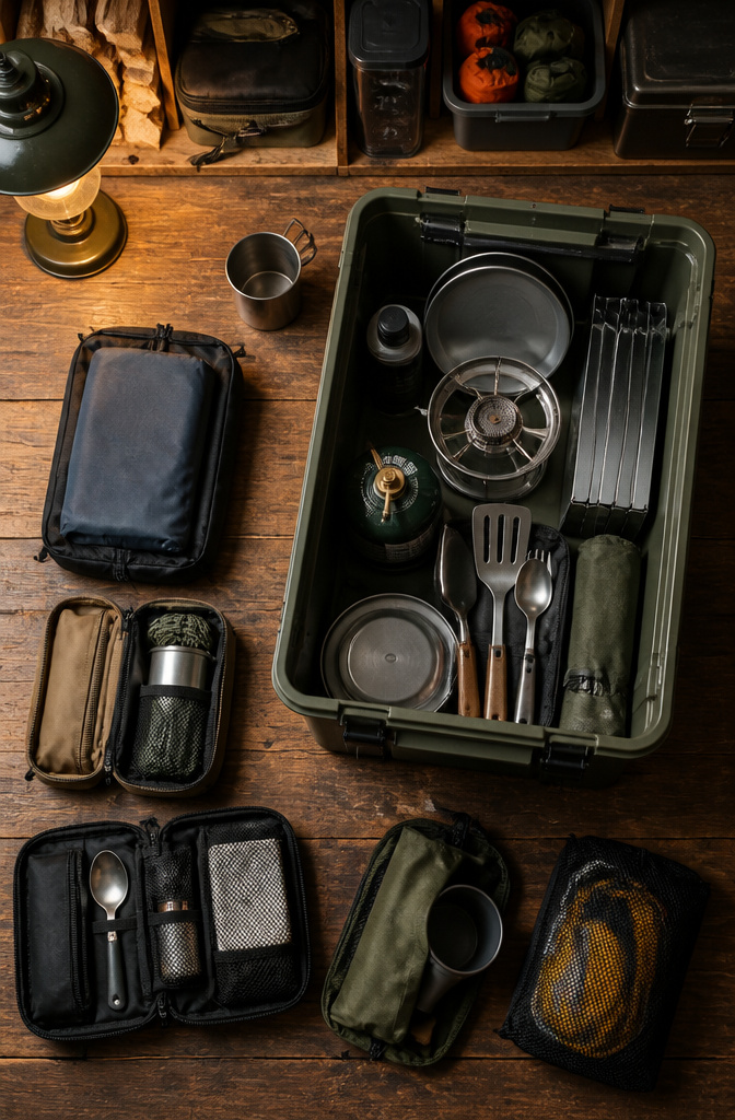 Pre-packed camping kitchen bin loaded with essentials for a trip.
