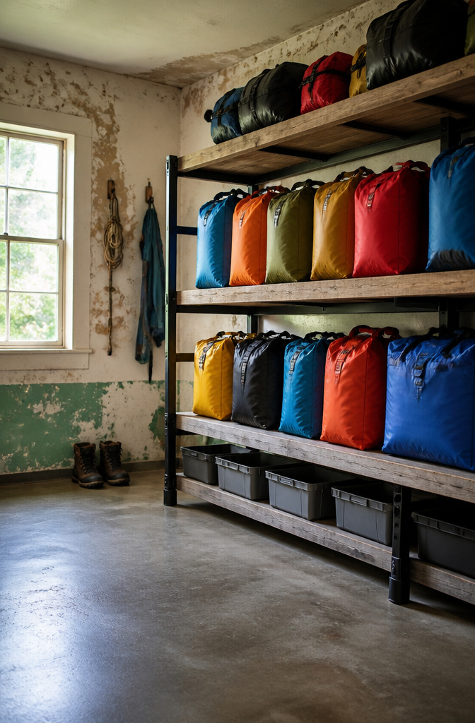 Shelves displaying dry bags and organized gear in a moisture-controlled area.