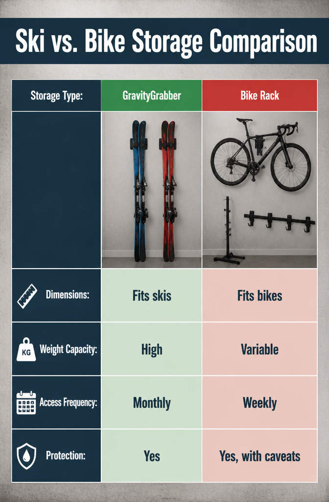 Comparison of ski and bike storage solutions for efficient organization.