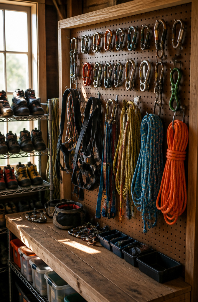 Pegboard system with climbing hardware organized and visible.