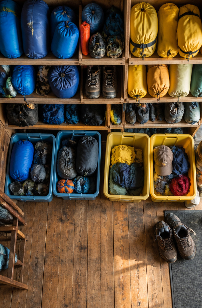 Assorted color-coded storage bags organized by category.