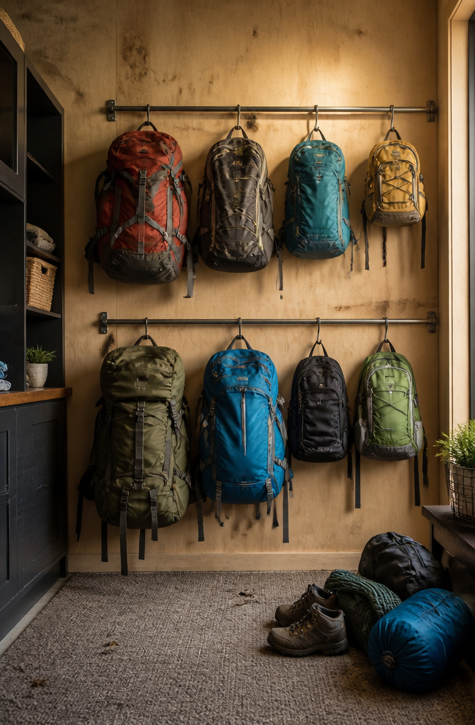 Wall-mounted garment rack displaying various backpacks hung by S-hooks.